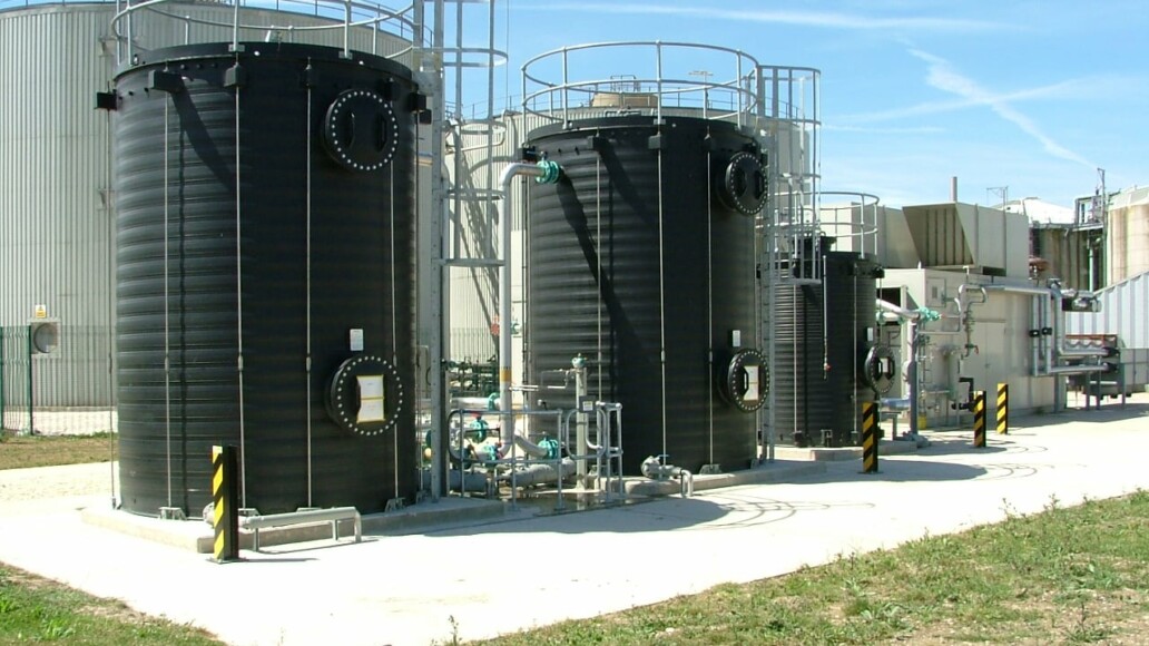 Caged vertical access ladder and maintenance platform fixed to an industrial tank