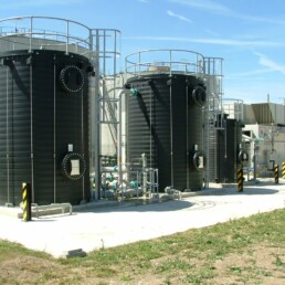 Caged vertical access ladder and maintenance platform fixed to an industrial tank